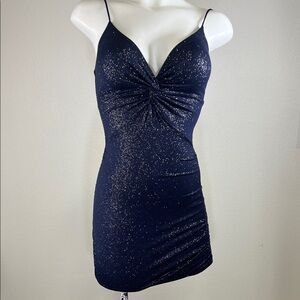 Lucy in the Sky Sparkling Glitter Front Twist Mini Dress in Navy XS